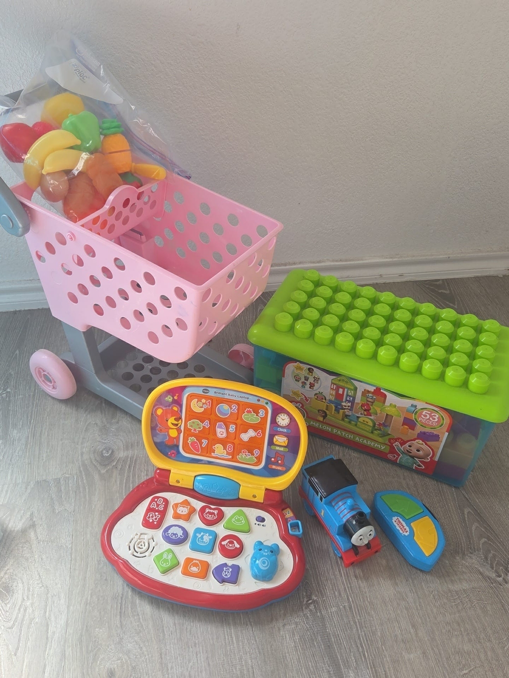 Pink Toy Shopping Cart with Interactive Laptop, Builting Blocks and Train Set
